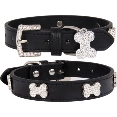 Pet Dog Supply Adjustable PU Leather Crystal Rhinestone Bone Decals Diamond Dog Collar for Small Dog Pet Products
