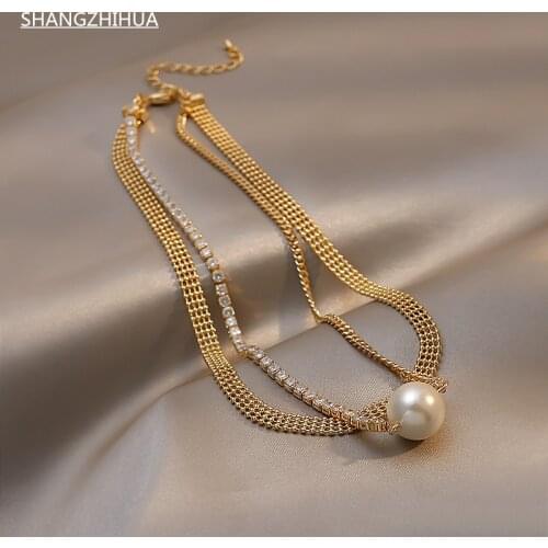 SHANGZHIHUA uxury pearl collarbone chain 2021 new fashion double necklace for womens exquisite light luxury jewelry party gift