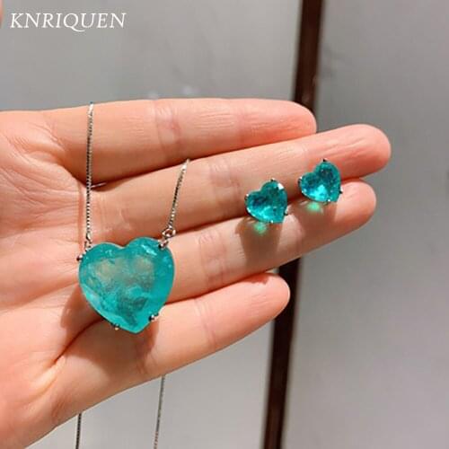 Charms 925 Silver Wedding Jewelry Sets for Girlfriend Vintage Blue Paraiba Tourmaline Heart Ocean Star Pendant Necklace Earrings