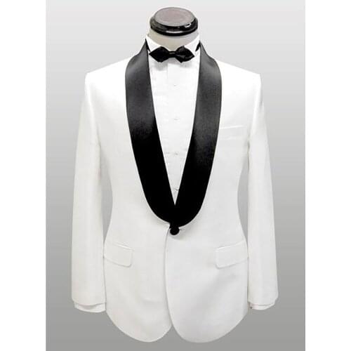 CUSTOM MADE GROOM TUXEDO,BESPOKE WHITE JACKET WIDE SHAWL LAPEL & BLACK PANTS