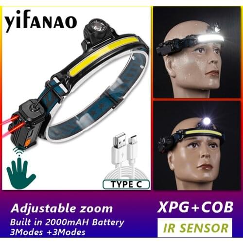 COB LED Headlamp Sensor Headlight with Built-in Battery Flashlight USB Rechargeable Head Lamp Torch 6 Lighting Modes Work Light
