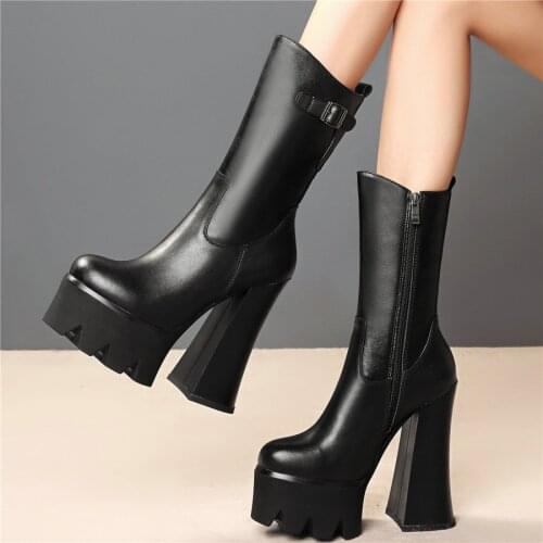 Chunky Platform Pumps Shoes Women Genuine Leather High Heel Ankle Boots Female High Top Round Toe Motorcycle Boots Casual Shoes