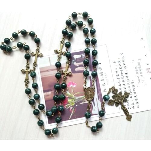 Vintage Religion Rosary Necklace Alloy Virgin Jesus Cross Pendant Necklace Handmade Round Beads Chain Jewelry