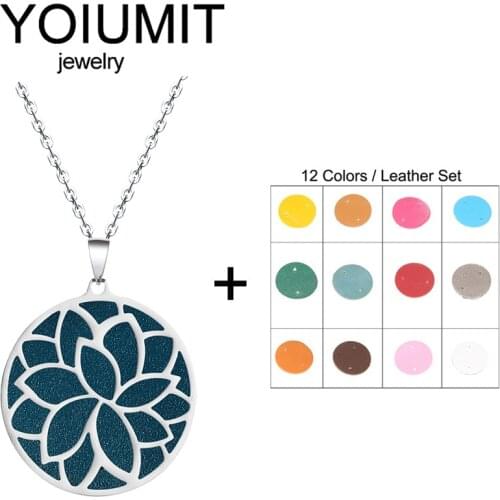 Yoiumit New Fashion Powerful Chain Stainless Steel Interchangeable Leather Pendant Round Flower Charm Clavicle Chain Necklace