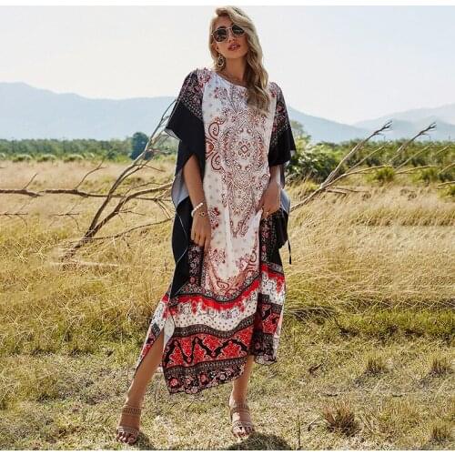 2021 Spring New Arrival Bohemian Print Maxi Dress Women Casual Long Floral Summer Sundress Plus Size Robe DS104