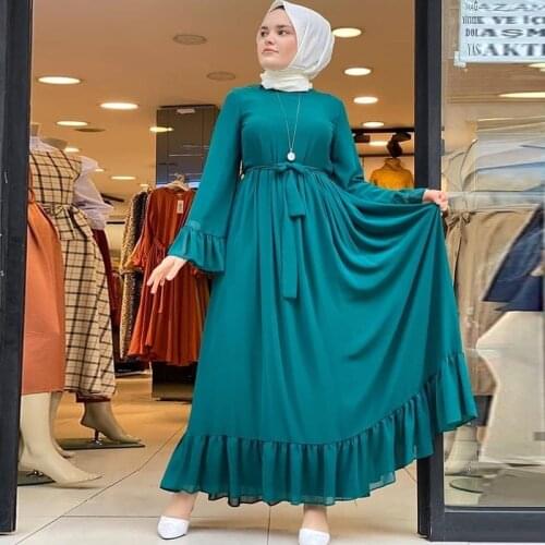 Siskakia Fresh Bell Sleeve chiffon Long Dress Elegant Solid Muslim Womens O neck Long Sleeve Empire Pleated Swing Maxi Dresses
