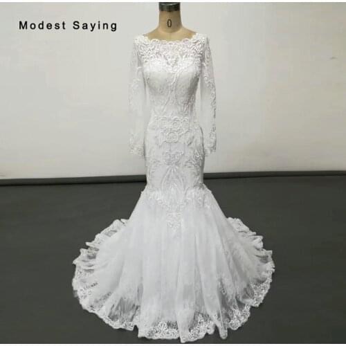Elegant Ivory Mermaid Lace Wedding Dresses 2018 with Boat Neckline Formal Women Long Sleeves Bridal Gown with Pearls Zipper Back
