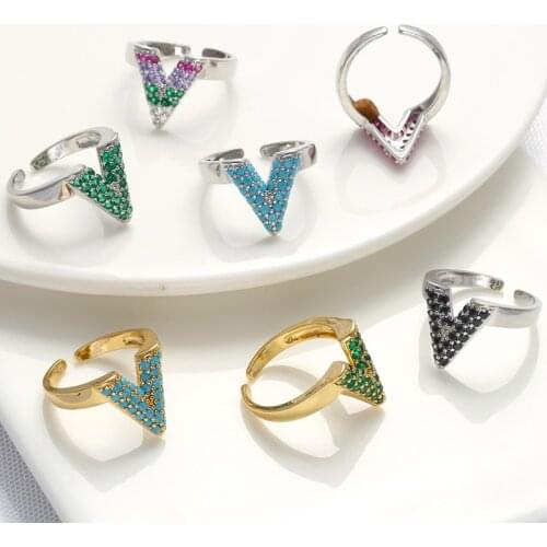 ZHUKOU Trendy CZ Crystal Geometric V Shape Ring for women gold color rainbow opening rings Temperament Jewelry Wholesale VJ191