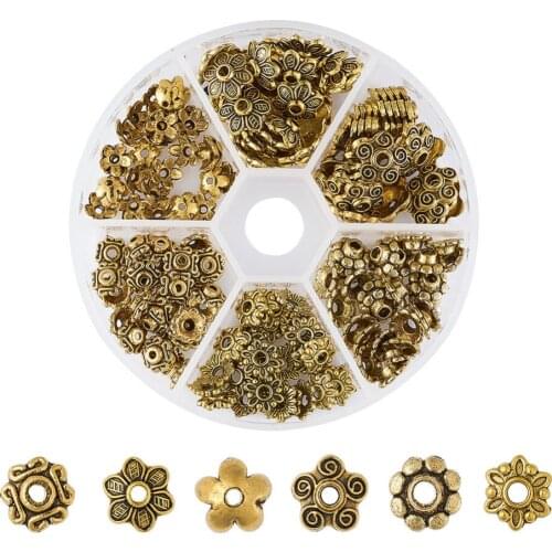 180pcs/box 7~10x4~10mm Antique Golden Tibetan Style Alloy Filigree Flower Floret Bead Caps for DIY Jewelry Findings Hole: 1~2mm