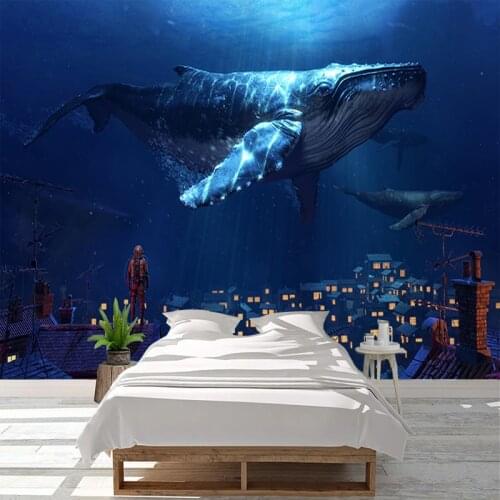 3D Hand Painted Cartoon Undersea Shark Building Children Baby Room Bedroom Wardrobe TV Wallpaper Wall Mural Sticker Home Decor