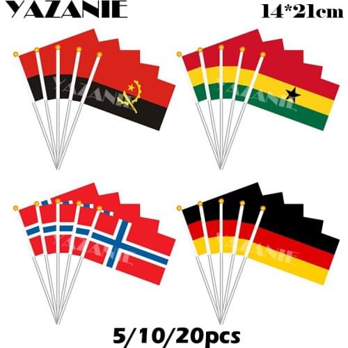 YAZANIE 14*21cm 5/10/20pcs Angola Ghana Norway Germany Small Hand Flag World National Flag Hand Wave Flags with Plastic Pole