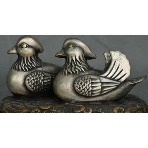 6" Old Chinese Bronze Silver Animal bird mandarin duck Floating Statue