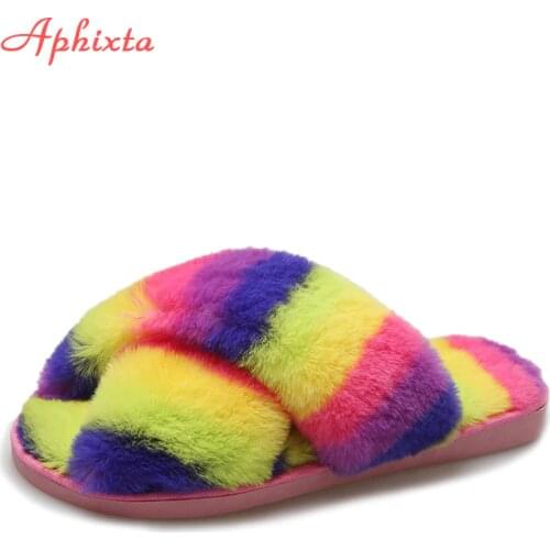 Aphixta 2021 Winter Autumn Faux Fur Women Shoes Soft Home Indoor Slipper Flip Flops Rainbow Charm Mules Home Cotton Shoes