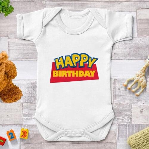 Toy Story Disney Cartoon Happy Birth Day Summer Baby Girls Bodysuit Newborn Boys Short Sleeve White 0-24 Months Baby Clothes