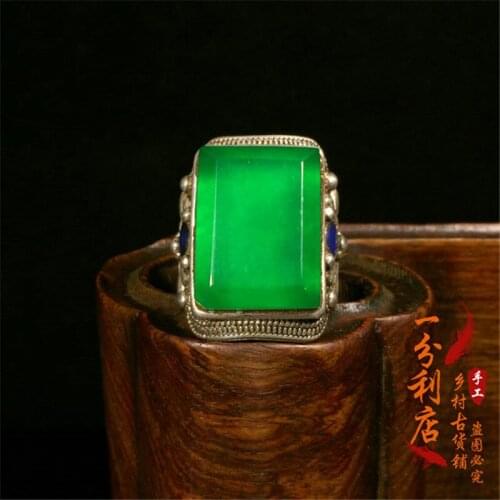 Qing Dynasty old jadeite jade ice seed square ring face inlaid with silver ring