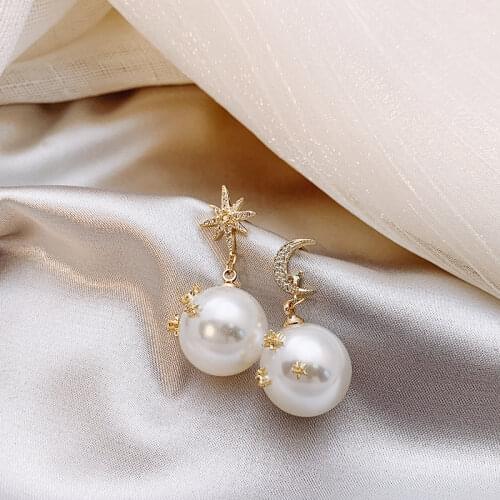 Hexagram Moon Elegant Pearl Dangle Earrings Statement Geometric Zircon Earrings Temperament Korean Baroque Party Wedding Jewelry
