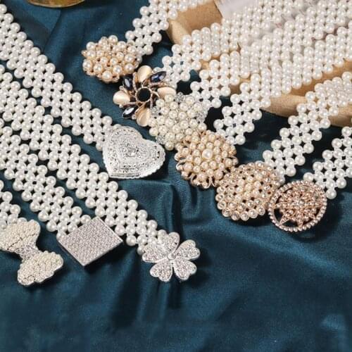 Elegant Women Pearl Rhinestone Belt Luxury Brand Belt Elastic Buckle Pearl Chain Belt Female Girls Dress Crystal Strap