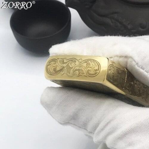 Zorro Kerosene Lighter Pure Copper Brass Carving Lucky Tang Grass Fish Classic Pattern Gasoline Lighter Men Gift Outside Tool