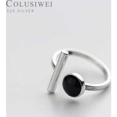 Colusiwei New Arrive 925 Sterling Silver Black Enamel Geometric Stick Open Adjustable Finger Ring for Women Korea Style Jewelry