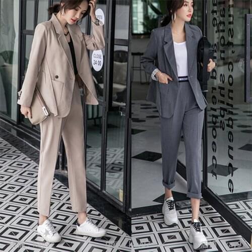 Fashion 2 Pieces Set Double Breasted Blazer & Long Pant Suit Women Casual Jacket Workwear Sets Femme High Quality Suit