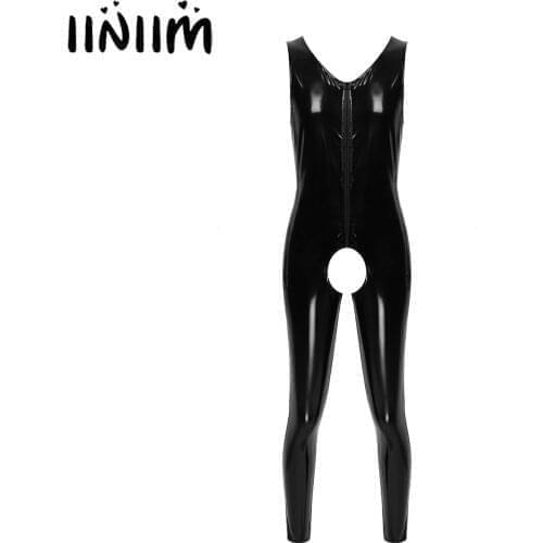 Mens Wet Look Leather Lingerie Bodysuit Sleeveless Back Zipper GAY Crotchless Sissy Nightwear Sexy Clubwear Teddies Costume
