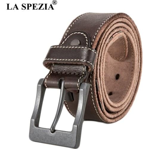 LA SPEZIA Pin Buckle Leather Belt Men Coffee Classic Accessories Belt Male Square Vintage Genuine Leather Cowhide Brand Belt