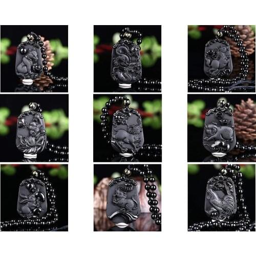 Natural black obsidian crystal Chinese zodiac Amulet zodiaca animals pendant necklace DIY best gift