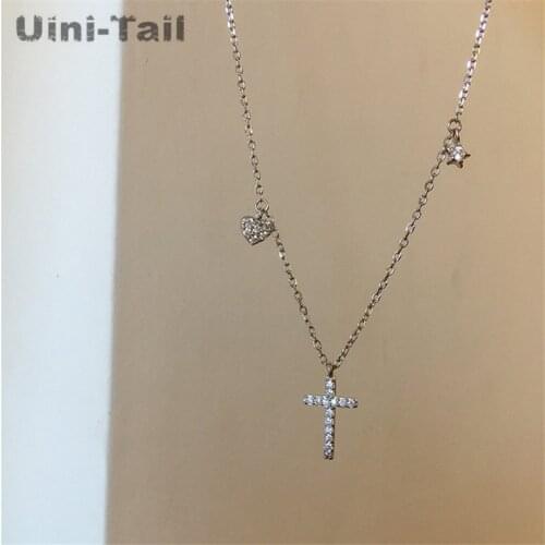 Uini-Tail hot new 925 sterling silver cross micro-inlaid necklace Korean simple fashion temperament sweet high quality jewelry