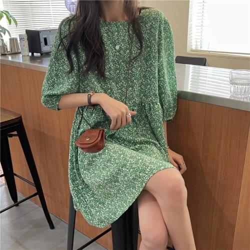 Dress Temperament Round Neck Short-sleeved Floral Dress Female Summer New Style Korean High-waisted Thin A-line Skirt Skirt