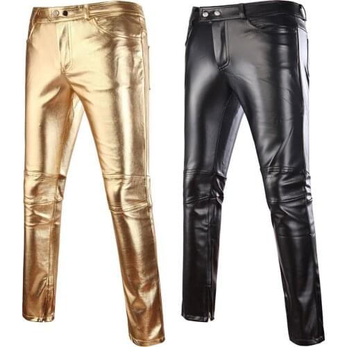 Casual Men Solid Color Faux Leather Button Skinny Pants Motorcycle Club Trousers