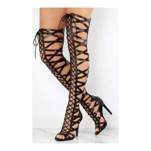 Drop Shipping Summer 2019 New Brand Woman Blue Nude Gold Black Cuts Out Open Toe Cross Lace Up Thin Heels Sandals Long Boots