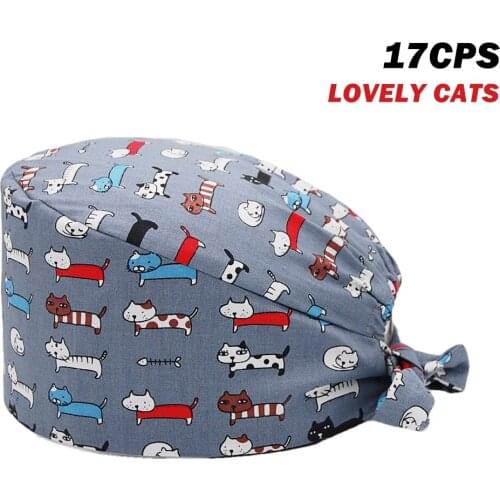 Color Cats Printing Surgicals Cap Operating Room Workers Adjustable Working Nursing Hats Beauty Salon Fashion Scrub Caps Cotton