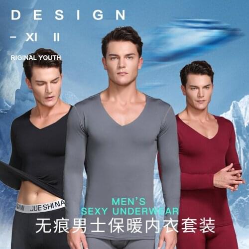 Thick Thermal Pajamas Mens Clothing Thermal Underwear Sets For Men Winter Thermo Underwear Long Johns Round Neck Solid Color