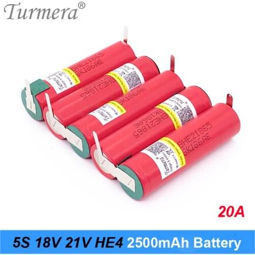 Turmera 3S 4S 5S 6S Battery 18650 HE2 2500mAh 5000mAh 20A 12.6V to 25.2V Soldering Battery for Screwdriver Shurik battery pack T