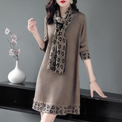 Knitted Dress Autumn Winter Women Plus Size Womens Scarf Collar Base Dress Mid-length Female Casual Loose Sweatershir Dresses
