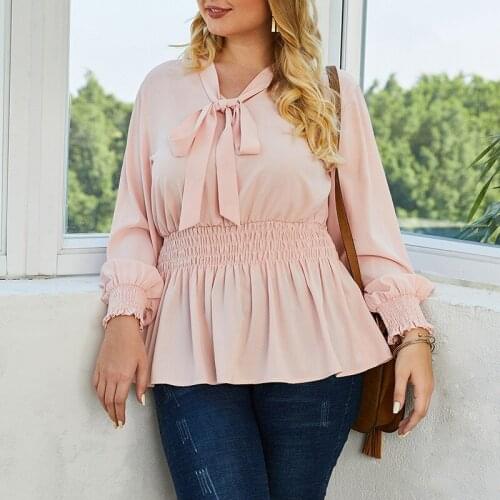 2021 New Summer Women Neckline Knotted Waist Long-sleeved Shirt Wild Simple Solid Blouse Blue 4XL Size