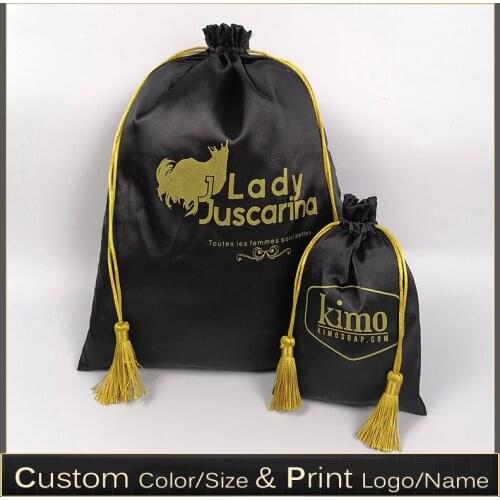 Satin Hair Bag Silk Drawstring Bag Hair Bundle Extension Wig Jewelry/Package/Cosmetic/Gift/Wedding/Party Pouch Custom Logo Print