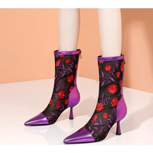 Womens Pointy Toe Embroidery Floral Mesh Ankle Boots Sandals Stilettos High Heel Shoes Real Leather Summer Breathable New 2021