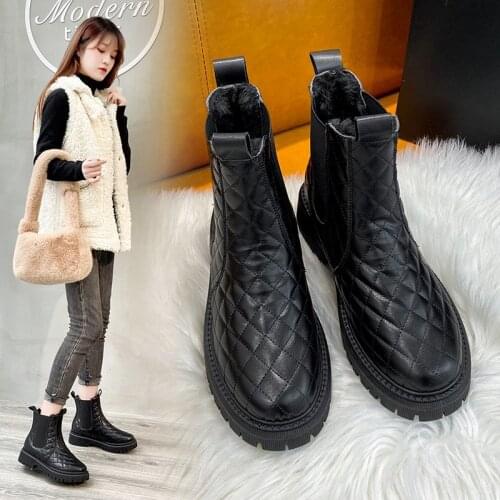 2021 Snow Boots Women Shoes Warm Plush Fur Ankle Boots Winter Female Slip On Flat Casual Shoes Lozenge women boots