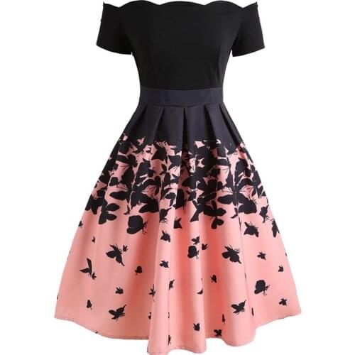 Butterfly Petals Print Pretty Summer Dress 2021 VD1388 Short Sleeve Slash Neck Black and Pink Swing Vintage Dress for Women