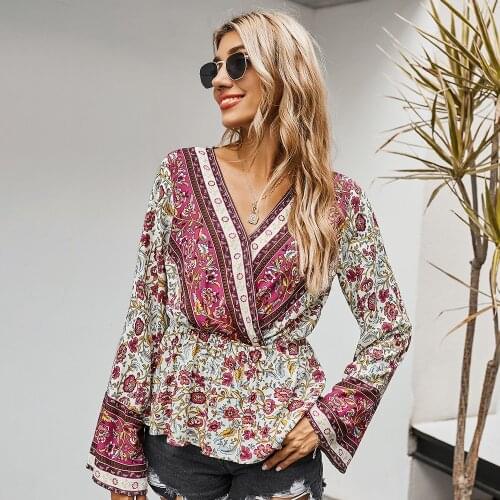Winter Vintage Floral Print Party Blouse Women Casual Long Sleeve Pleated Blouses for Womens Sexy Tops Blusas Mujer De Moda 2020
