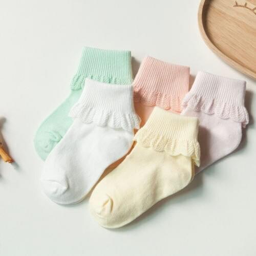 5Pairs/Lot Toddler Muti Color Infant Baby Girl Ankle High Socks Kids Girls Ruffles Lace Cotton Non Skid Socks with Grip for 0-6Y