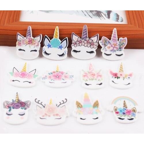 60pcs 12 Styles Mix 28MM High Cartoon Unicorn Horse Flatback Planar Resin Cabochon DIY Craft Embellishments for Hair Bow Centers