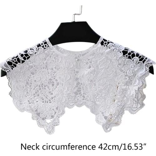 Floral Lace Fake Collar Shawl Hollow Black White Scarf Pearl Button Mini Cape