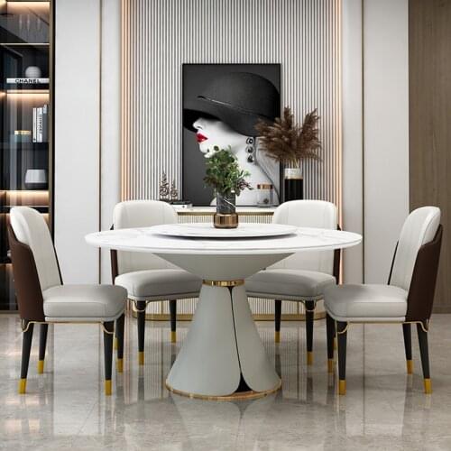 Italian rock plate dining table combination marble round dining table with turntable luxury dining table