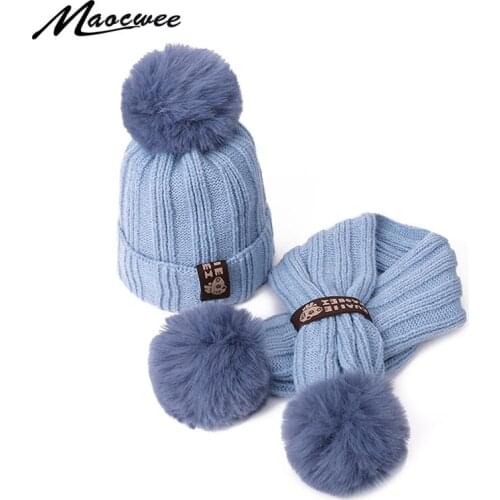 Baby Pompon Hat Scarf Set Autumn Winter Children Hat Boys And GirlsFashion Head Cap Scarf Baby Woollen Hat Trend 2-Piece Suits