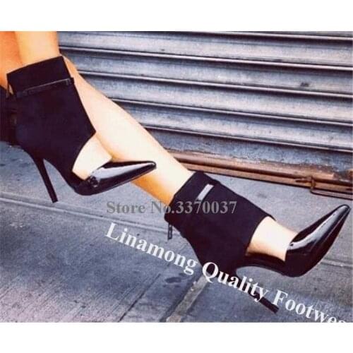 Linamong Women Elegant Pointed Toe Patchwork Stiletto Heel Short Gladiator Boots Cut-out Ankle Wrap High Heel Ankle Booties