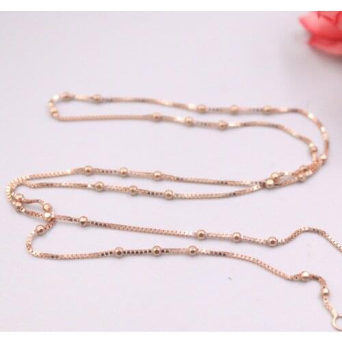 Real 18K Rose Gold Chain For Women Female 1.8mm Small Carved Beads Gold Box Chain Necklace 40cm Length Au750
