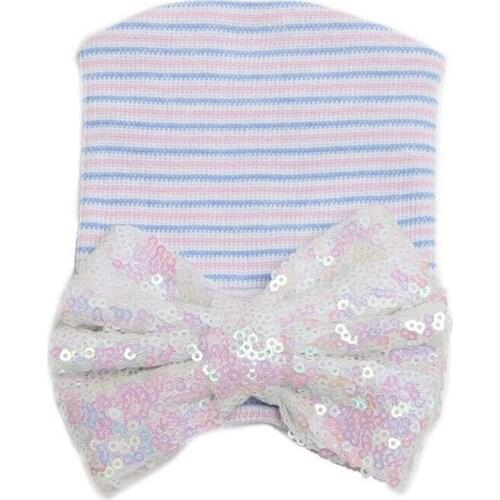 New Newborn Baby Girls Infant Kid Sequin Bowknot Beanie Hat Knit Hospital Cap Casual Cute