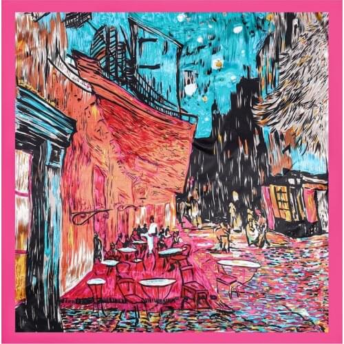 90CM Large Square Scarf Silk Scarf Women Van Gogh Coffee House Printed Handkerchief Shawl Womens Bandana
